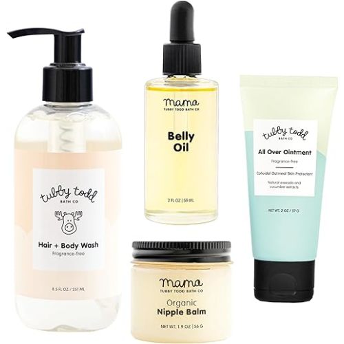 Tubby Todd New Baby & Mom Sensitive Skincare Kit - The Mama + Baby Gift Set - Baby Shampoo and Body Wash 8.5 Oz, All Over Ointment 2 Oz, Belly Oil 2 Fl Oz & Nipple Balm 1.9 Oz - Fragrance-Free