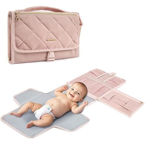 mommore Portable Changing Pad for Baby Newborn Water Resistance Detachable Travel Diaper Changing Mat with Wipes Pockets Padded Pillow Baby Essentials Gifts (Pink)