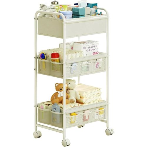 3-Tier Baby Diaper Caddy Cart Organizer,Mobile Nursery Storage Cart with Wheels，With 2 Dividers & 14 Mesh Pockets Durable Metal Utility Cart for Nursery, Bedroom, Bathroom Essentials Organization