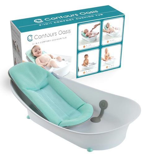 Contours Oasis 4 in 1 Comfort Cushion Baby Bathtub, Portable Infant Bath Seat, Supportive for Newborns and Toddlers 0-24 Months, Grow with Me Design, Quick Dry Mesh Pad, Easy to Clean, Blue/White