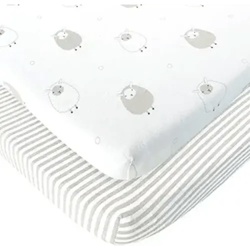 Cuddly Cubs Pack n Play Sheets | 2 Pack Playard Sheet for Baby Girl and Boy | Pure Jersey Cotton Unisex Mini Portable Crib Sheets | Sheep and Stripe in Grey | Compatible with Graco Pack and Play