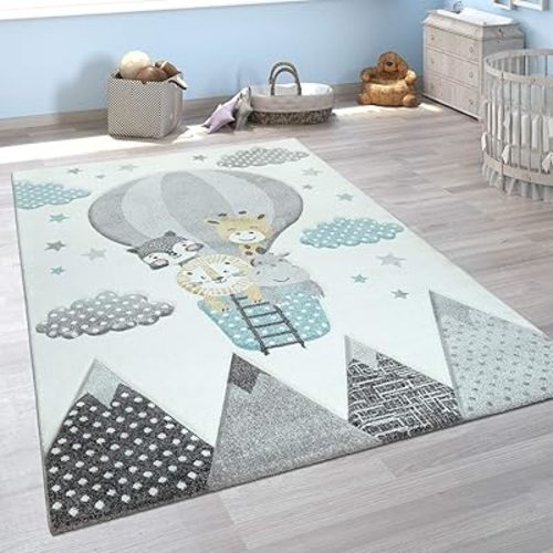 Kids Rug with Cute Animals on a Hot Air Balloon Ride in Pastel, Size: 3'11" x 5'7"