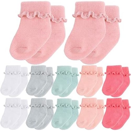 Toulite 12 Pairs Preemie Newborn Baby Ankle Socks Ruffle Turn Cuff Cotton Non-slip Warm Socks for Girls and Boys Infant