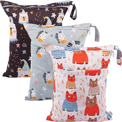 babygoal Wet Dry Bags for Baby Cloth Diapers, Washable Travel Bags, Beach, Pool, Gym Bag for Swimsuits & Wet Clothes with Two Zippered Pockets 3 Pack, 3LN26