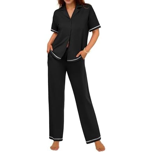 Ekouaer Cotton Pajamas Sets for Women 2 Piece Button Down Short Sleeve Pj Set with Long Pants Lounge Set Soft Sleepwear S-XXL