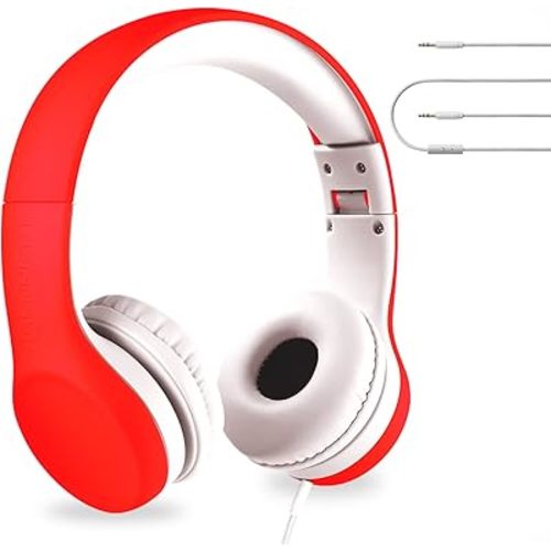 LilGadgets Connect+ Wired Kids Headphones for School with Microphone, Volume Limiting & Noise Cancelling On-Ear Headset with Cord, SharePort Technology & SoftTouch Padding, Red