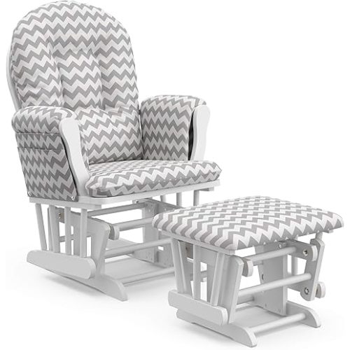 Storkcraft Premium Hoop Glider and Ottoman (White Base, Gray Chevron Cushion) – Padded Cushions with Storage Pocket, Smooth Rocking Motion, Easy to Assemble, Solid Hardwood Base