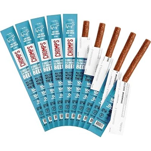 Chomps Grass-Fed and Finished Sea Salt Beef Jerky Snack Sticks 10-Pack - Keto, Paleo, Whole30, 10g Lean Meat Protein, Gluten-Free, Zero Sugar Food, Non-GMO