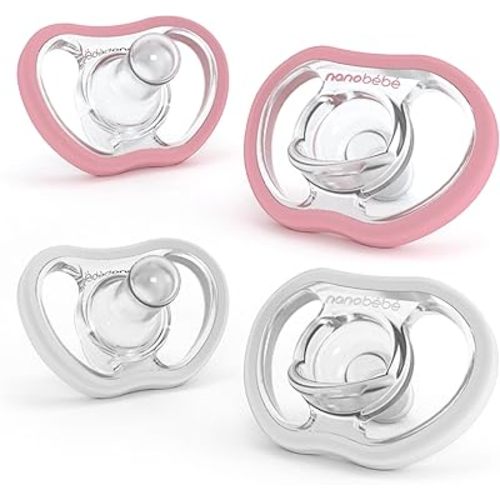 Nanobebe Active Baby Pacifiers 4-36 Months - Orthodontic, Lightweight and Vented, Curves Comfortably with Face Contour, 100% Silicone - BPA Free, Perfect Baby Registry Gift 4pk, White/Pink