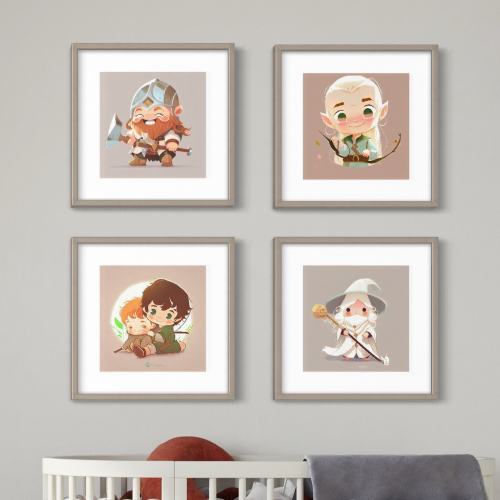 4pk Lord of the Rings Nursery Art, Neutral Nursery Art , Kids , nursery art, LOTR nursery wall art, Frodo, Samwise, Legolas, Gandalf, Gimli