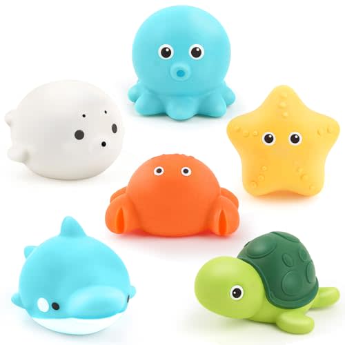 Bath Toys 6 Pack No Hole Baby Bathtub Toys Soft Squeezable & Float on Water Easy-Grip Toddler Bath Toy Set for Kids Ages 1-3 Tub Pool Toys