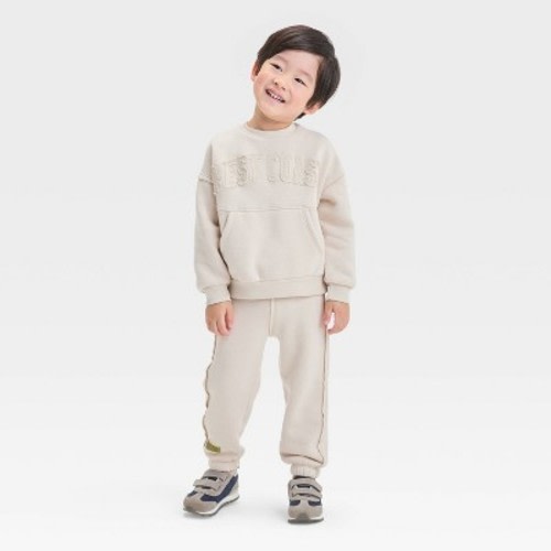 Grayson Mini Toddler Boys' West Coast Fleece Crewneck and Jogger Pants Set- Beige 18M