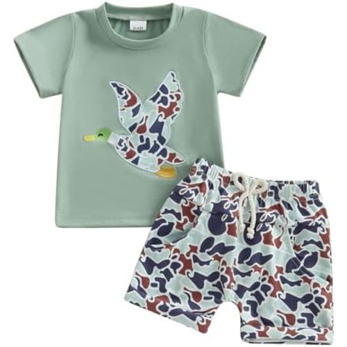Toddler Baby Boy Summer Outfit Hunting Duck Deer Short Sleeve T-Shirt Jungle Camouflage Shorts 2Pcs Clothes Set
