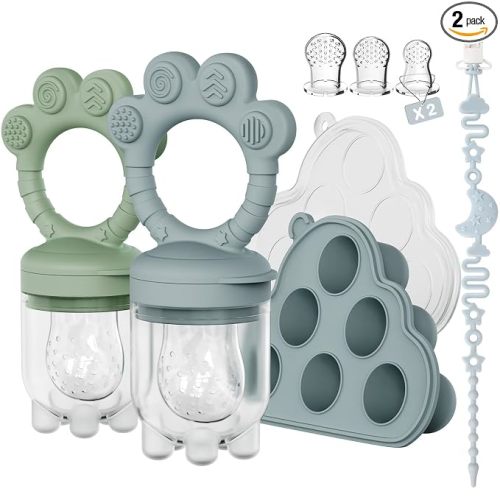 2 Pack Baby Fruit Feeder + Breastmilk Popsicle Molds，Baby Teethers，Perfect for Teething Relief，Fresh Food Feeder for Safe Infant Self Feeding，Extra Silicone Clips，4 M+ (Ether/Sage)