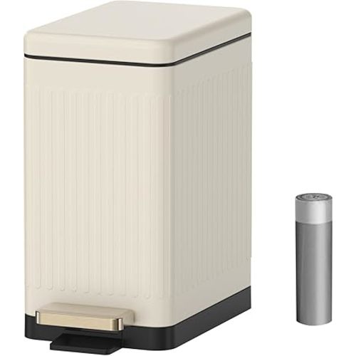 Mbillion Bathroom Trash Can with Lid-Stainless Steel Step Slim Garbage Can-Metal Wastebasket-10L/2.6 Gallon Rectangle Pedal Trash Bin for Narrow Office, Kitchen, Bedroom, Toilet-Soft Close, White