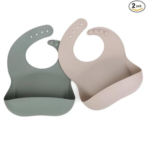 Ginbear Silicone Bibs for Babies, Waterproof Adjustable Silicon Rubber Baby Feeding Bibs with Food Catcher Pocket for Toddlers 6 Months+ (Dark Sage/Almond)