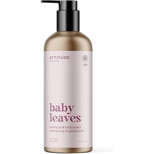 ATTITUDE 2-in-1 Shampoo and Body Wash for Baby, EWG Verified, Dermatologically Tested, Made with Naturally Derived Ingredients, Vegan, Unscented, Reusable Aluminum Bottle, 16 Fl Oz