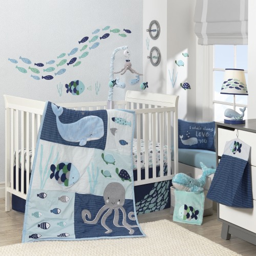 Lambs & Ivy Oceania 6-Piece Crib Bedding Set - Blue, Gray, White, Aquatic