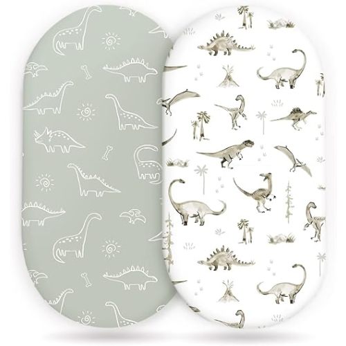 Stretch Ultra Soft Fitted Bassinet Sheet Set 2 Pack, Universal Fit for Bassinets Baby Cradle Moses Basket Oval Rectangle Mattress Safe and Snug, Dinosaur