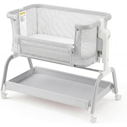 3 in 1 Baby Bassinet,Rocking Bassinets Bedside Sleeper with 6 Adjustable Heights,Breathable Full-Mesh,Comfortable Mattress & Lockable Wheels,Stable Rolling Portable Crib for Newborns(Gray)