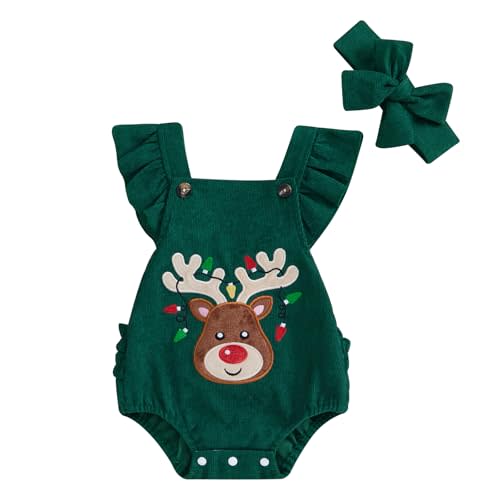 Karuedoo Newborn Baby Girl Christmas Outfit Gingerbread/Reindeer Embroidery Ruffle Sleeveless Corduroy Romper Bodysuit