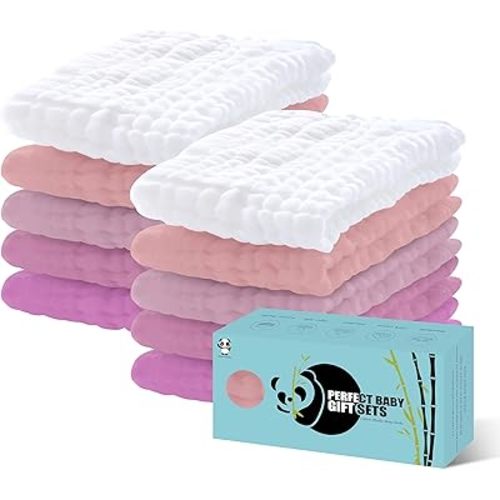 HIPHOP PANDA 10 Pack 6-Layers Muslin Burp Cloths Large - Durable 100% Cotton - Extra Absorbent and Soft Boys & Girls Rags for Newborn Registry (White+Sakura Series, 20" X10")