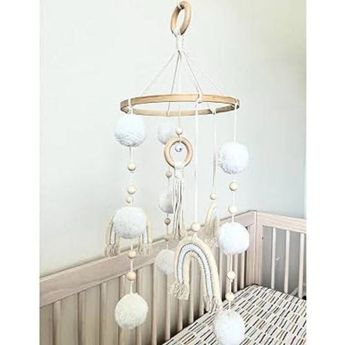 Boho Baby Mobile for Crib - Rainbow Boho Nursery Decor for Girl or Boy - Neutral Wooden Hanging Mobile for Bassinet and Crib - Handmade with Bell for Soothing Stimulation – Perfect Baby Shower Gift