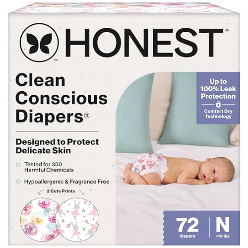 The Honest Company Clean Conscious Diapers for Sensitive Skin | Up to 100% Leakproof | Hypoallergenic, Fragrance Free | Girl Prints | Club Box, Size Newborn, 72 Count (Prints May Vary)