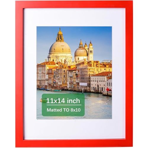 wyooxoo 11x14 Picture Frame Made of Solid Wood Red Photo Frames Display Pictures 8x10 with Mat or 11x14 Without Mat Colorful Frame - Horizontal and Vertical Formats for Wall