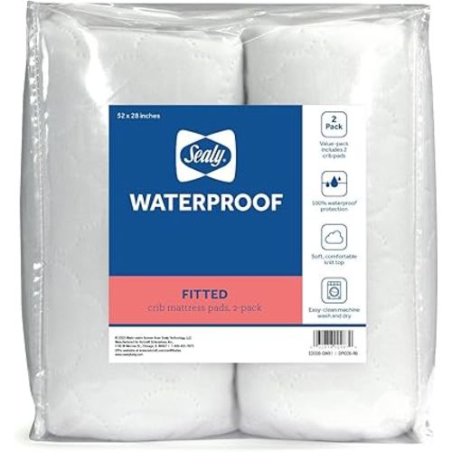 Sealy Baby 2-PACK Fitted Waterproof Baby Crib Mattress Protector, Crib Mattress Topper, Crib Mattress Pad, Toddler Bed Mattress Protector, Machine Washable/Dryer Friendly, 52” x 28”- White