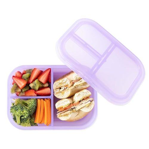Bumkins Snack/Lunch Bento Box for Kids and Adults, 3 Compartment Container, Leak Proof Lid, for Portioning, Large Section Can Hold Sandwich, Food-Safe LFGB Platinum Silicone, Microwave-Safe, Purple - Purple Jelly