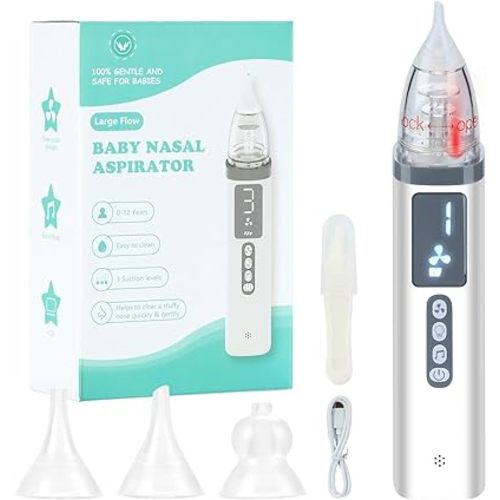 Baby Nasal Aspirator, Baby Nose Sucker, Soothing Music and Colorful Light,Large Flow,Easy to Clean,3 Food Grade Silicone Tips,Adjustable 3 Levels Suction