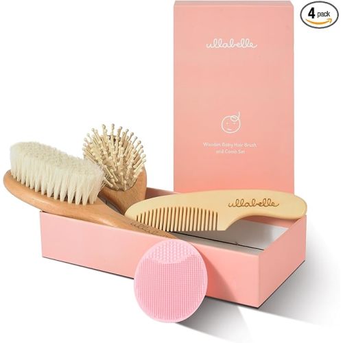 Ullabelle 4 Piece Wooden Baby Hair Brush and Comb Set for Newborns & Toddlers in Chic Gift Box - Ultra Soft Natural Goat Hair and Wood Baby Brush Set Prevents Cradle Cap - Perfect Registry Gift (Pink)