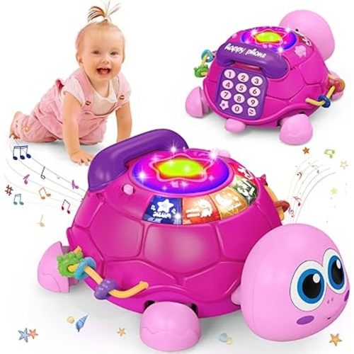 Hanayo Baby Musical Turtle Crawling Baby Girl Toys for 6-18 Months,Infant Early Learning Educational Toy,Baby Girl Gift Essentials for Newborn 7 8 9 11+ Months 1-2 Year Old(Pink)