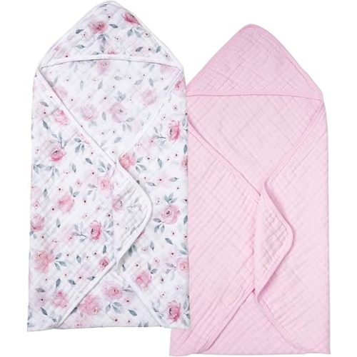 PHF 2 Pack Baby Hooded Towels, 100% Muslin Cotton Baby Bath Towel with Hood for Newborn, Infant, Toddler, Ultra Soft and Absorbent Baby Essentials Bath Towels for Girls, 32x32Inch, Floral