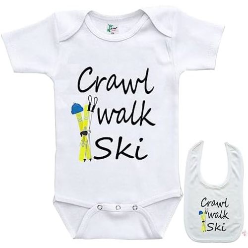 Crawl Walk Ski -Cute Snow Skiing winter sports Baby bodysuit onesie & bib Set