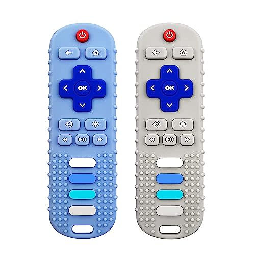 ROBBEAR Baby Teething Toys, Food Grade Silicone Teether for Babies 3 6 12 18 Months, TV Remote Shape Toddlers Chew Toys, Freezer BPA Free (Blue+Beige)