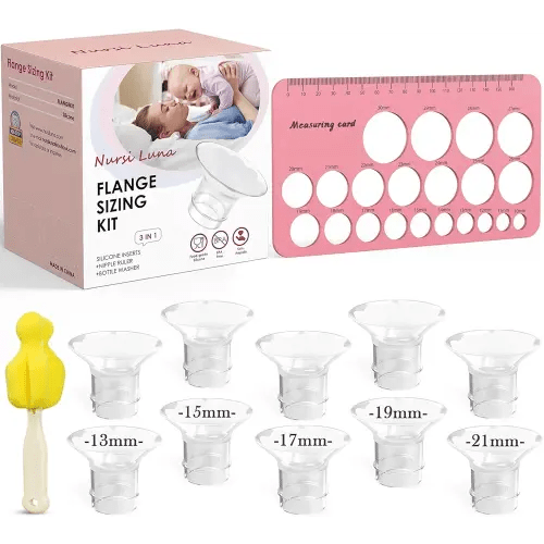 Flange Sizing Kit 3 in 1 with 10PCS Flange Inserts 13/15/17/19/21mm, Nipple Ruler, Cleaning Brush, Silicone Flanges Insert Kit for Electric Breast Pumps, Pumping Breastfeeding Essentials