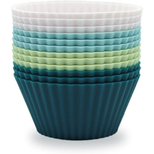 Silicone Muffin Cups 12 pack BPA Free, Dishwasher Safe(White, Green, Navy, Dusty Blue)