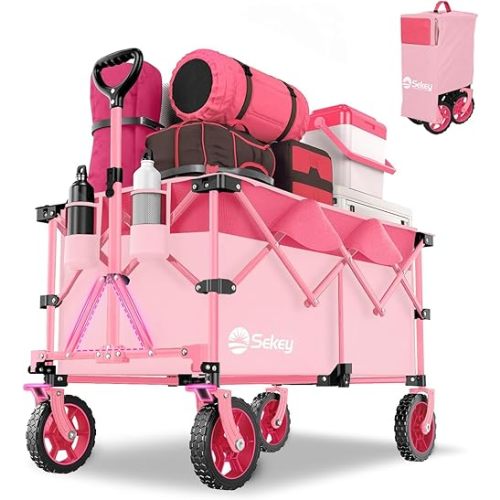Sekey 220L Collapsible Foldable Wagon with 330lbs Weight Capacity, Heavy Duty Folding Wagon Cart with Big All-Terrain Wheels & Drink Holders (Barbie Pink)