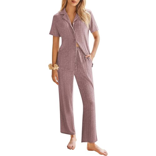 Ekouaer Womens Rib Knit Pajamas Button Up Lounge Sets Short Sleeve Top and Long Pants Matching Pjs Sleepwear Loungewear