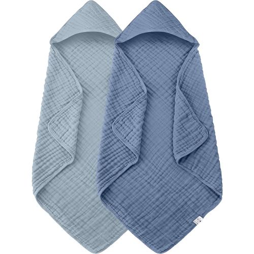 2 Pack Hooded Baby Towels - 100% Muslin Cotton for Newborns, Infants, Toddlers - Large 32x32 Inch Size - Highly Absorbent and Essential for Newborn Care, Light Navy
