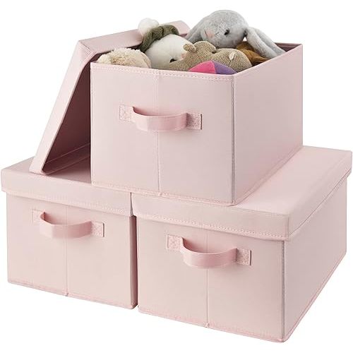 GRANNY SAYS Closet Storage Bins, Fabric Boxes with Lids, Shelf Baskets for Closet Organization, Stackable Storage Containers, Pink, 3-Pack