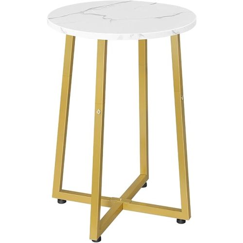 HOOBRO Side Table, Round Accent End Table with Sturdy X-Shaped Metal Frame, 15.7" Round Nightstand, for Living Room, Bedroom, Balcony, Office, Marble and Gold DM95BZ01