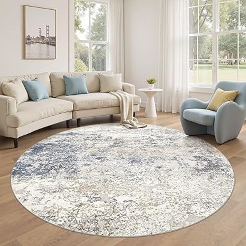6ft Round Area Rug Living Room Rugs - 6x6 Washable Large Soft Indoor Modern Abstract Low Pile Rug Carpet for Bedroom Dining Room Farmhouse Home Office - Beige Blue