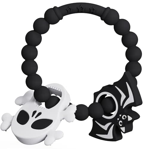 Halloween Baby Teething Ring Toys – Skull & Bat Silicone Teethers for Newborns, Infants & Toddlers – Sensory Chew Bracelet for Teething Relief – Perfect Baby’s First Halloween Basket Stuffers