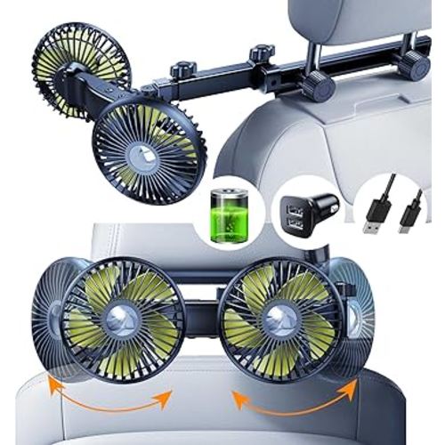 Battery Fan for Car Backseat with Retractable Long Arm, [Comes with Car Charger & USB C Cable*1] 360°Rotatable 3 Speeds Separate Control Rechargeable Car Fan for Back Seat for Vehicles SUV RV