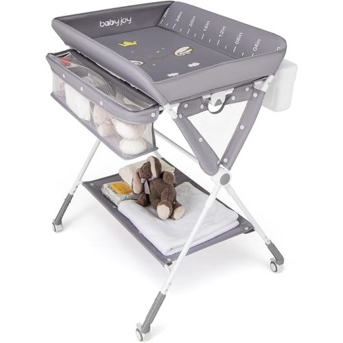 BABY JOY Portable Baby Changing Table, Foldable Diaper Changing Station with Wheels, Adjustable Height, Large Storage Rack, Trash Can, Mobile Nursery Organizer for Newborn Infant (Gray)