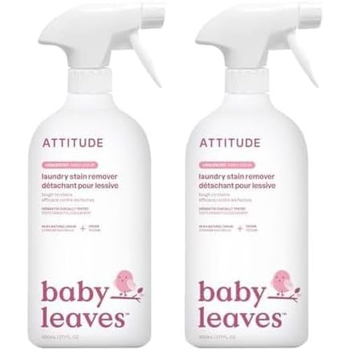 ATTITUDE Laundry Stain Remover for Baby Clothes, Plant and Mineral-Based Ingredients, Vegan and Cruelty-free Household Products, Hypoallergenic, Unscented, 27 Fl Oz (Pack of 2)
