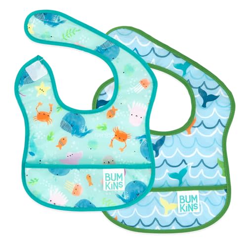 Bumkins Bibs, for Baby Girl or Boy, Infant 3-9 Months, Essential Must Have for Eating, Feeding, Baby Led Weaning Supplies, Mess Saving Waterproof Soft Fabric, Starter Bib 2-pk Blue Ocean Life